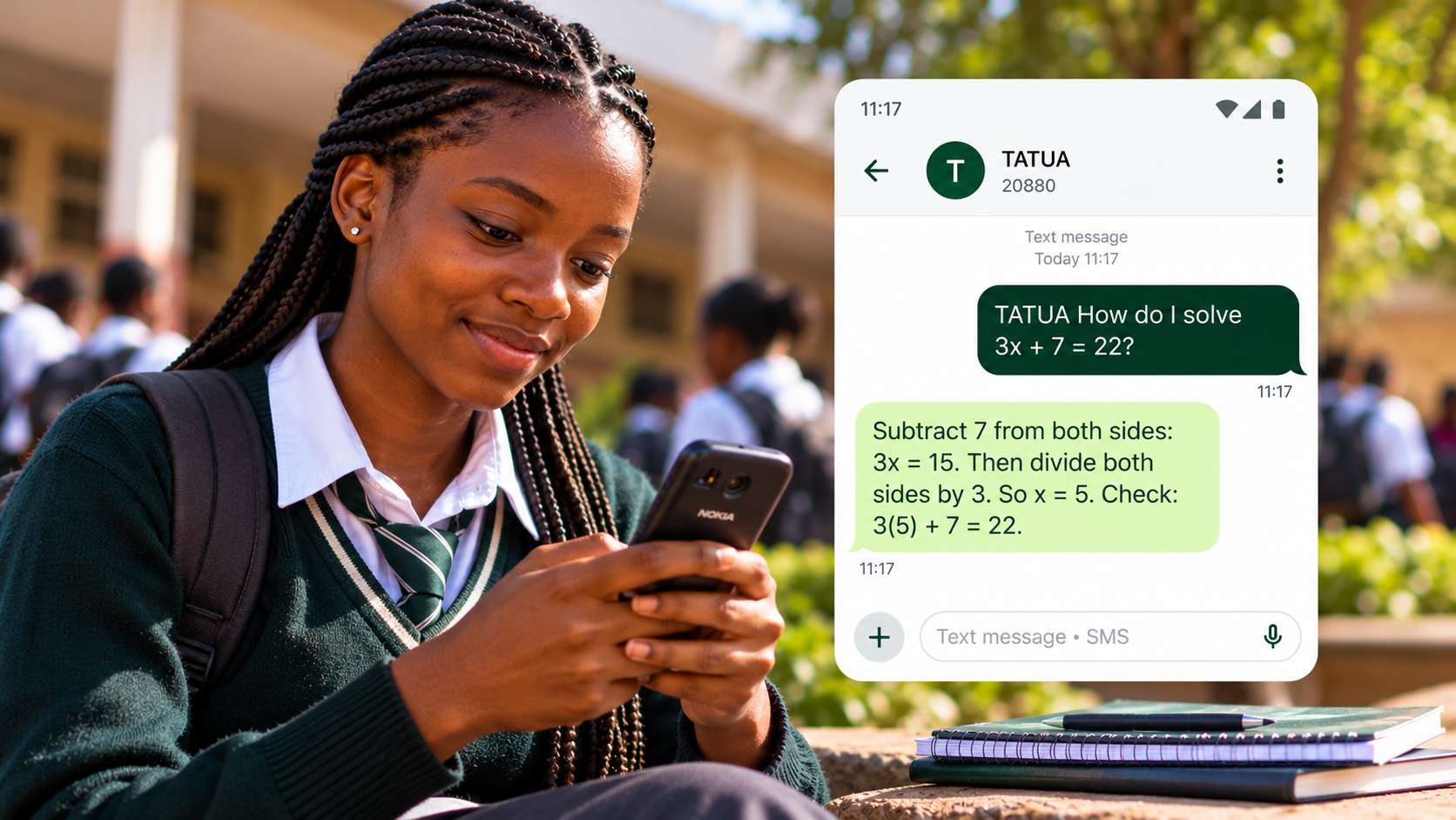 Student texting TATUA on a mobile phone